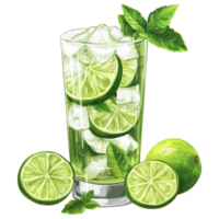 Refreshing lime soda with mint leaves and ice cubes clip art on a transparency background png