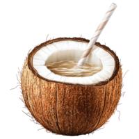 Coconut water in coconut shell with straw, refreshing drink clip art on a transparency background png