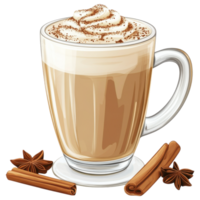 Delicious chai latte topped with whipped cream and cinnamon sticks clip art on a transparency background png