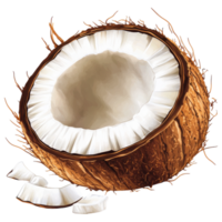 Coconut shell with fresh coconut meat and slices on transparency background clip art on a transparency background png