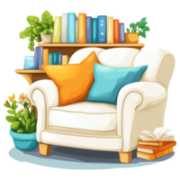 Cozy reading nook with comfortable chair, colorful pillows, and books clip art on a transparency background png
