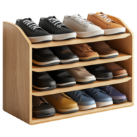 Compact modern shoe rack with various shoes displayed, perfect for organization. clip art on a transparency background png