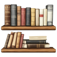 Bookshelf with various books different colors and styles, showcasing cozy reading atmosphere. clip art on a transparency background png