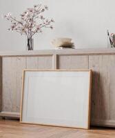 One blank mockup, frame in room, interior empty frame art background, 3D render photo