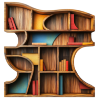 Abstract bookshelf with asymmetric design showcasing colorful books clip art on a transparency background png