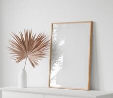 Mockup poster wood frame in empty picture living room, element interior vertical, on the wall. in illustration 3d rendering. photo