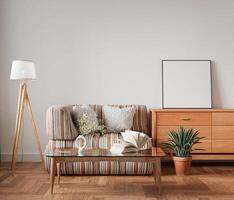 Interior living room mockup frame, equilateral square frame, poster empty in home design, interior design element, blank frame 3d render photo