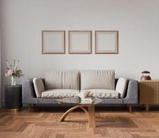 Interior living room mockup frame, equilateral square frame, three sets poster empty in home design, interior design element mockup, blank frame 3d render photo
