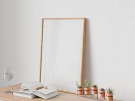 Frame interior, mockup frame, poster wood frame vertical empty picture interior close up, work desk table white home room in illustration 3d render photo