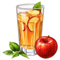 Refreshing apple juice in glass with apple slices and mint leaves clip art on a transparency background png