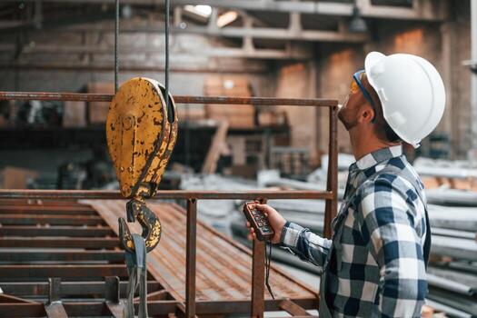 Using, the controller with buttons to operate the little crane machine. Factory male worker in uniform is indoors photo