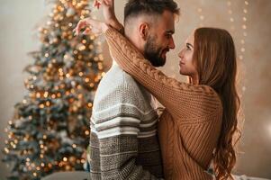 Side, view. Standing and embracing each other. Lovely young couple are celebrating New Year at home photo