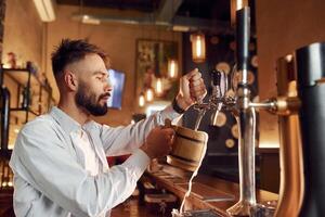 Bartender pours beer. Man, is working in the bar photo