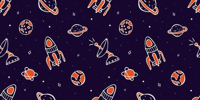 Astronautic Kids Pattern with Doodle or Hand Drawn Icons. Background with Planet, Space, Cosmos, Star, Comet, Rocket for Fabrics, Textiles. Illustration Print of Galaxy. Background Kids Space. vector