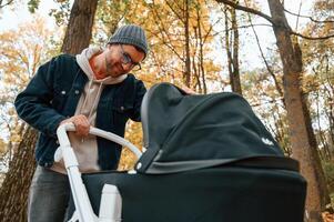 Looking ,inside the pram. Man is having a walk in the autumn park photo