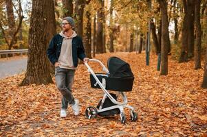 Enjoying the nature.. Man with pram is having a walk in the autumn park photo