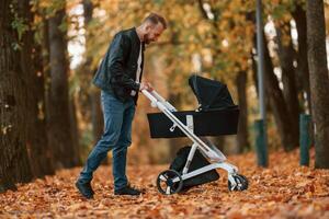 Man with ,pram is having a walk in the autumn park photo