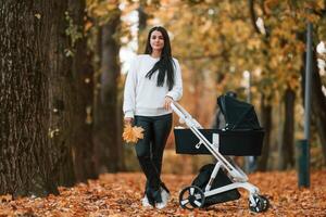 Beautiful woman standing with pram in the ,autumn forest. Having a walk photo