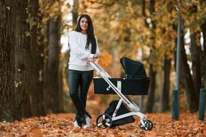 Beautiful ,woman standing with pram in the autumn forest. Having a walk photo