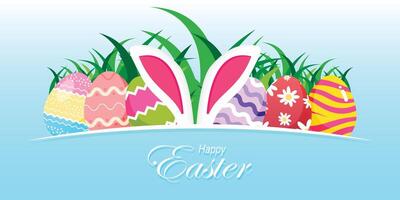 Happy easter greeting card poster and template with easter eggs and bunny ears. Banner and promotion template for easter day vector