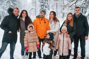 Group of people ,are standing in the winter forest. Three couples with children photo