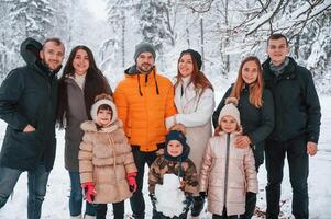 Group ,of people are standing in the winter forest. Three couples with children photo