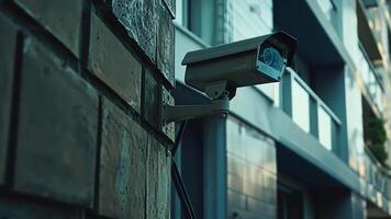 Security camera mounted on a building exterior, symbolizing surveillance and home safety concepts video