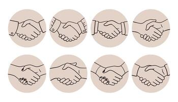Hand shake simple set. Symbols of success deal, happy partnership, greeting shake, handshake of agreement. Set of human arms and different handshakes. vector