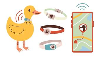Pet GPS tracker. GPS tracking for duck, goose. A smartphone with a map shows the movement of pets. A pet tracking app. flat illustration on white background. vector