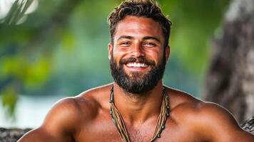 un sonriente, barbado hombre con un collar disfruta un soleado al aire libre ajuste conceptos, verano, felicidad video