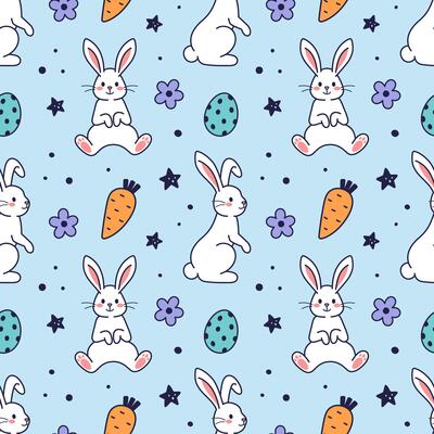 Happy Easter doodle seamless pattern. Cute characters and design elements - eggs, bunny, rabbits, spring flowers, butterflies, hearts, stars. Hand drawn doodle illustration