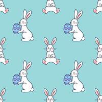 Happy Easter seamless pattern. Cute characters Bunny, rabbit, hare with painted egg. Hand drawn cartoon illustration. Textile, fabric, texture design vector