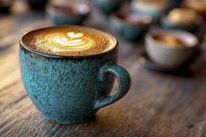 Teal Ceramic Mug of Latte Art Coffee on Rustic Wooden Table photo