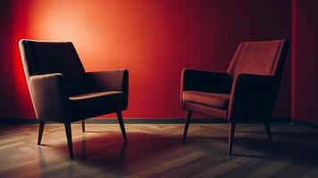 Two vintage chairs in a dimly lit room evoke concepts of conversation and relaxation video