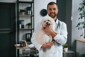Doctor in, white coat is standing and holding maltese dog in hands. In the clinic photo