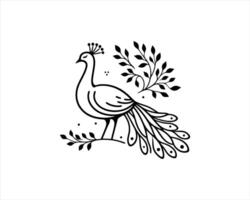 A peacock is standing on a branch with leaves template illustration vector