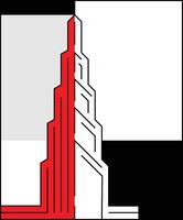 Abstract skyscraper in constructivism architectural style. The tall tower is silhouetted in black and white and red. Graphic composition for stamp printing, poster, landmark sign vector