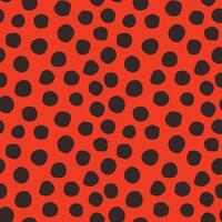 Seamless ladybug polka dots pattern. Black hand-drawn circles on orange red background. Abstract Random points ornament. Wallpaper, fabric print, vintage and retro style vector
