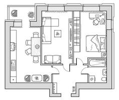 Floor plan with furniture in top view. Architectural set of furniture thin line icons. Detailed layout of the modern apartment vector