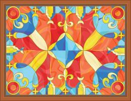 Large stained glass window with crescent and royal lily. Rectangular geometric ornament composition in wooden frame on the ceiling. Classic tiffany style pattern for printing on film or glass vector