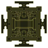 Abstract yantra, hinduism symbols, outline sign, linear style pictogram. Mystical diagram of the universe with four gates. Art deco ornamental, vintage square gold frame. Sacred geometry vector