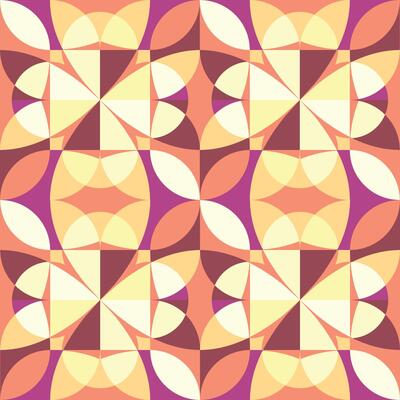 Floral ornament with stylized petals. Mosaic pattern for tiled floor. Geometric seamless print. Yellow orange and purple pastel colors texture. Scandinavian style wallpaper