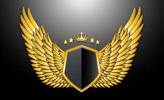 luxury golden shield empty logo with crown and wings ornament vector