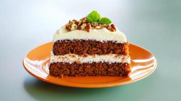 Sliced Carrot Cake with Cream Cheese Frosting and Walnuts on Orange Plate photo