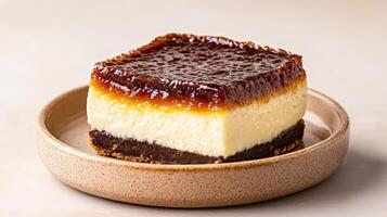 Creamy Caramel Cheesecake Slice on Beige Plate photo
