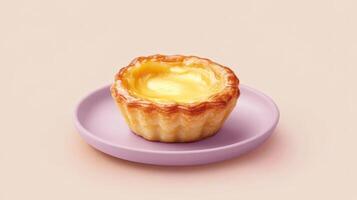 Golden Egg Tart on Purple Plate Pastel Background photo