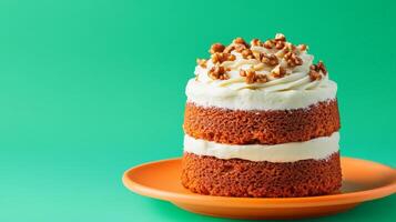 Layered Carrot Cake with Cream Cheese Frosting and Walnuts on Orange Plate Against Green Background photo