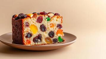 A Slice of Colorful Fruitcake on a Brown Plate Against a Beige Background photo