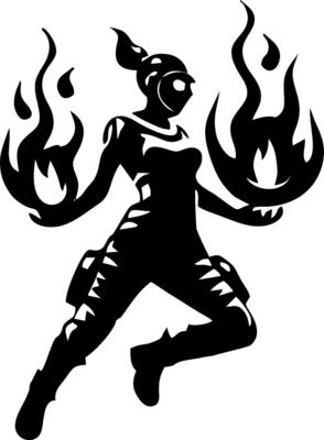 A silhouette of a woman with fire in her hands