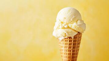 Two Scoops of Creamy Vanilla Ice Cream in a Waffle Cone Against a Yellow Background photo